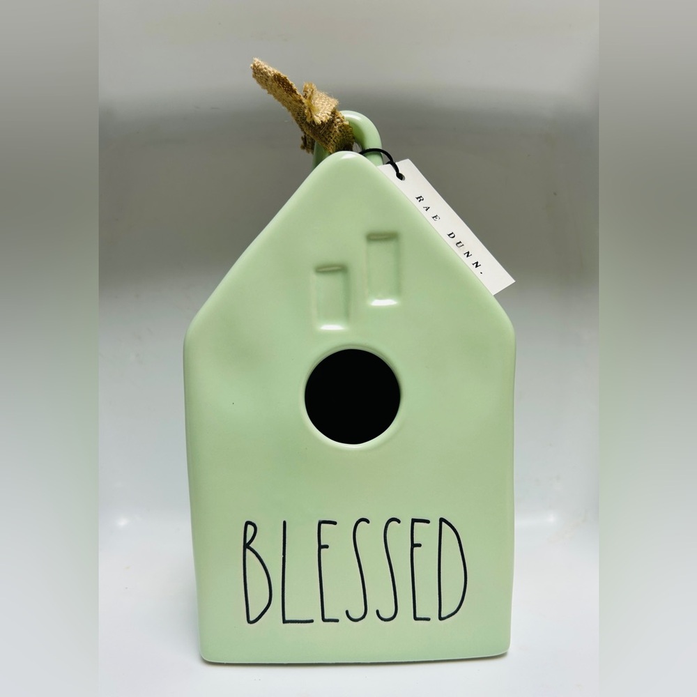 Rae Dunn sage green bird house “BLESSED”. NEW. Burlap ribbon.